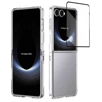 For Samsung Galaxy Z Flip7 5G Case Clear PC Phone Cover with High Aluminium-silicon Glass Film - Transparent