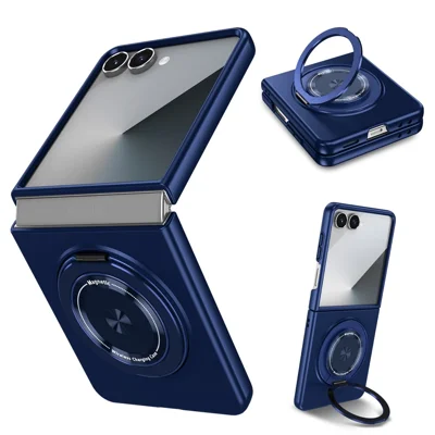 For Samsung Galaxy Z Flip7 5G Case Magnetic Rotatable Ring Kickstand PC Folding Phone Cover - Blue