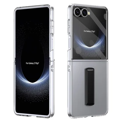 For Samsung Galaxy Z Flip7 5G Case Foldable Kickstand Clear PC Phone Cover with High Aluminium-silicon Glass Film - Black