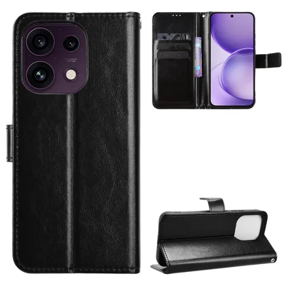 Capa de Couro PU para Oppo Reno16 FS 5G / Oppo Reno16 F 5G com Alça, Textura Crazy Horse, Capa Carteira para Telemóvel - Preto