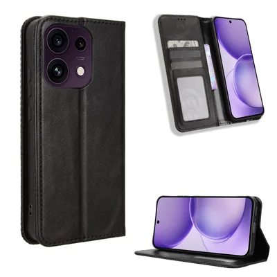 För Oppo Reno16 FS 5G / Oppo Reno16 F 5G Läderfodral Med Plånbok Ställbar Retro Struktur Telefonhölje - Svart