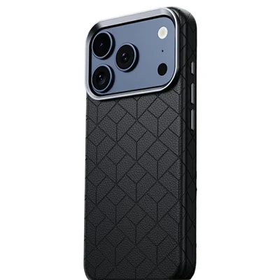 For iPhone 17 Pro Magnetic Case Imprinted Geometric Pattern Leather Coated PC + TPU Phone Cover - Black