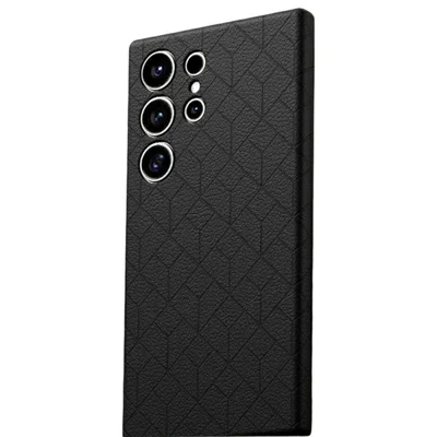 For Samsung Galaxy S26 Ultra Magnetic Case Imprinted Geometric Pattern Leather Coated PC + TPU Phone Cover - Black