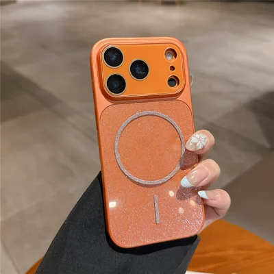For iPhone 17 Pro Max Magnetic Case Glitter PU Leather Coated PC + TPU Shockproof Protective Cover - Orange