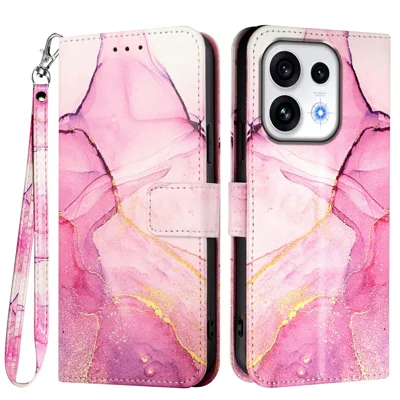 För Oppo Reno16 5G Fodral med Rem Marmormönster Läder Mobilhölje Kortficka - Rosa / Lila / Guld LS001