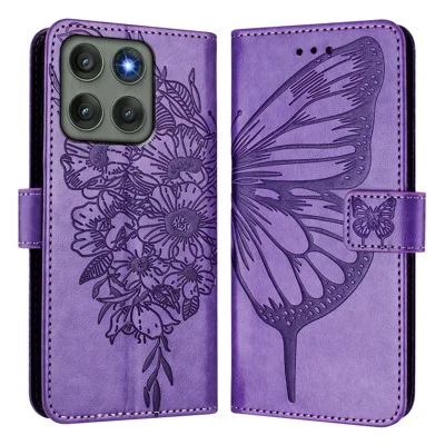  Für Motorola Edge 60 Pro 5G / Motorola Edge 60S Pro Brieftaschenhülle mit Handgelenkband Schmetterlingsmuster Ledertelefonhülle - Helllila