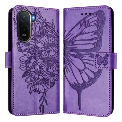 Cover portafoglio per Xiaomi Poco C81 4G / Xiaomi Redmi A7 Pro 4G (171,56 mm) / Xiaomi Poco C85x 5G / Xiaomi Redmi A7 Pro 5G con tracolla da polso, copertina in pelle con stampa a farfalla e fiore - Viola chiaro