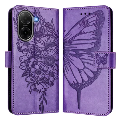  For Xiaomi Poco C71 4G / Xiaomi Redmi A7 4G / Xiaomi Redmi A5 4G (171.7mm) Wallet Case with Wrist Strap Butterfly Imprint Leather Phone Cover - Light Purple