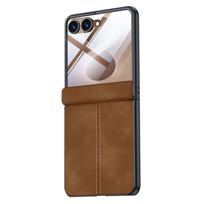 For Samsung Galaxy Z Flip8 Case Hinge Protection Leather + PC Phone Cover with HD Clear Tempered Glass Film - Brown