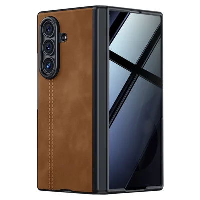 For Samsung Galaxy Z Fold8 Ultra Case Hinge Protection Leather + PC Phone Cover with Privacy Tempered Glass Film - Brown