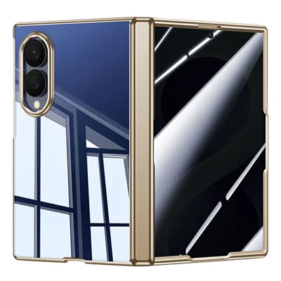 Funda para Samsung Galaxy Z Fold8 con película de cristal templado antiespías, carcasa de metal electrochapado con soporte y bisagra - Dorado