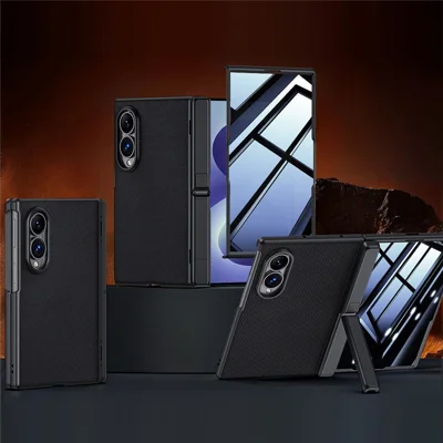 For Samsung Galaxy Z Fold8 Case Hinge Kickstand Tech Fabric Phone Back Cover with Privacy Tempered Glass Film - Black