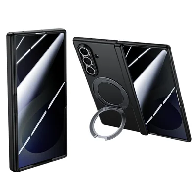 For Samsung Galaxy Z Fold8 Ultra Case Magnetic Rotating Kickstand Skin-touch PC Phone Cover with Privacy Tempered Glass Film - Black