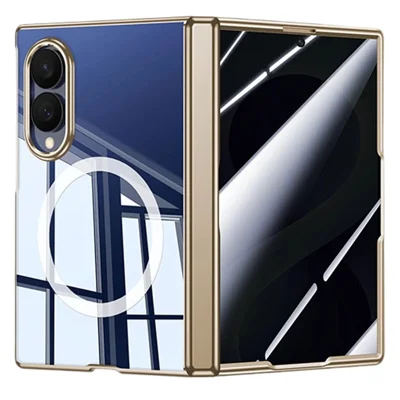 Funda magnética para Samsung Galaxy Z Fold8 con película de vidrio templado antiespía, carcasa de teléfono PC chapada con protección para bisagra - Dorado