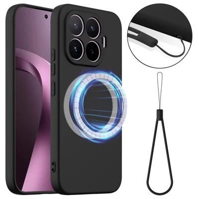 Voor Xiaomi 17T Magnetische Hoes Anti-Val Beschermhoes van Vloeibaar Silicone met Lanyard - Zwart
