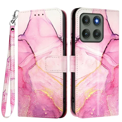 Für Motorola Edge 60S Pro Hülle mit Gurt Marmormuster Leder-Handyhülle mit Kartenhalter - Rosa / Lila / Gold LS001