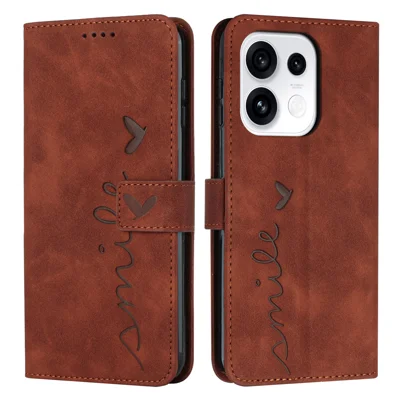 Capa de Stand para Oppo Reno16 FS 5G / Oppo Reno16 F 5G, Capa de Telefone em PU Couro com Estampado de Coração - Marrom