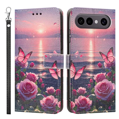  Für vivo S50 Pro mini 5G / vivo X300 FE 5G Hülle Musterdruck PU-Leder Klappe Brieftasche Handyhülle mit Handschlaufe - Rose Butterfly