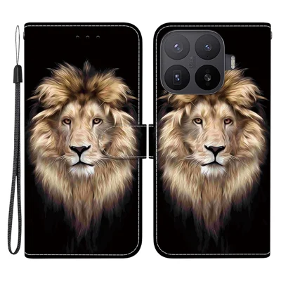 Flip-Case mit Musterdruck aus Leder für Xiaomi 17T mit Kartenfach, Standfunktion und Lanyard – Löwenkopf