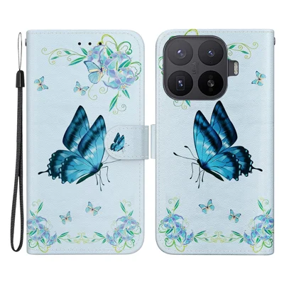 Folia na telefon z portfelikiem dla Xiaomi 17T Pro, antywypadkowa folia z nadrukiem ze skóry syntetycznej z paskiem - niebieski motyl i kwiaty