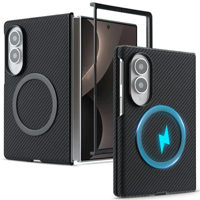 For Samsung Galaxy Z Fold8 Case Side-pasted Carbon Fiber Texture PU TPU Phone Cover with Metal Magnetic Ring - Black