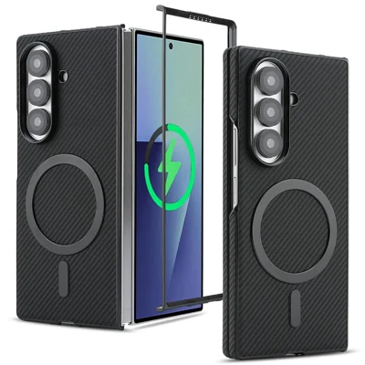 For Samsung Galaxy Z Fold8 Ultra Case Side-pasted Carbon Fiber Texture PU TPU Phone Cover with Metal Magnetic Ring - Black
