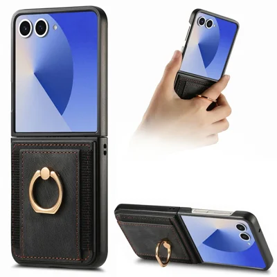 For Samsung Galaxy Z Flip8 Case Card Holder Retro Leather + PC Phone Cover with Ring Kickstand - Black