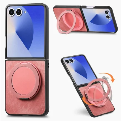 For Samsung Galaxy Z Flip8 Stress Relief Retro Leather Back Cover Phone Case with Rotating Kickstand - Pink