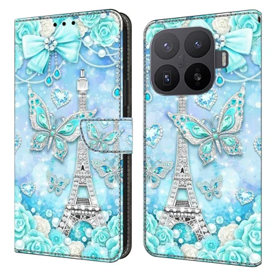 Wallet Case For Xiaomi 17T Pattern Printing Stand Leather Flip Phone Cover - Butterfly Cobalt Tower