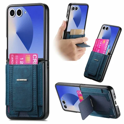 Voor Samsung Galaxy Z Flip8 Hoesje met Standaard Retro Leren Achterkant met Kaarthouder - Blauw