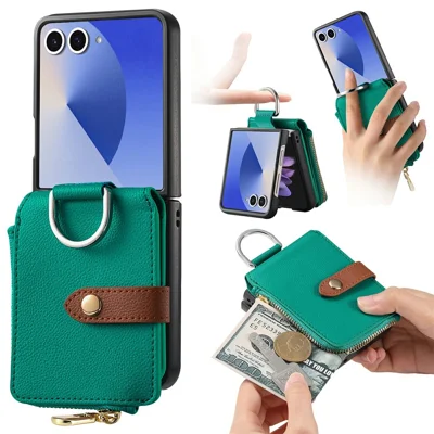 For Samsung Galaxy Z Flip8 Case Litchi Texture Leather Zipper Card Holder Phone Back Cover - Green