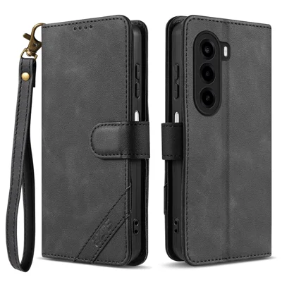AZNS A2 for OnePlus Turbo 6X 5G Leather Case with Wrist Strap RFID Blocking Wallet Stand Phone Cover - Black