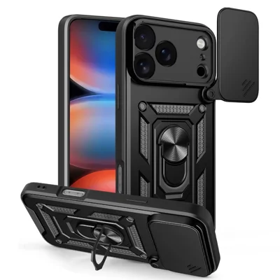 For iPhone 18 Pro Max Case met Schuifbare Cameraafdekking PC + TPU Standaard Hoes - Zwart