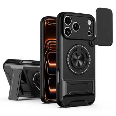 For iPhone 18 Pro / 17 Pro Magnetic Case Ring Holder Foldable Kickstand TPU PC Phone Cover with Camera Lens Slider - Black