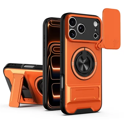 For iPhone 18 Pro Max / 17 Pro Max Magnetic Case Ring Holder Foldable Kickstand TPU PC Phone Cover with Camera Lens Slider - Orange