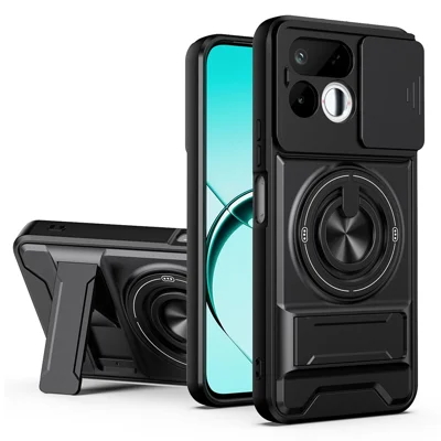 For Realme 16T 5G Magnetic Case Ring Holder Foldable Kickstand TPU PC Phone Cover with Camera Lens Slider - Black