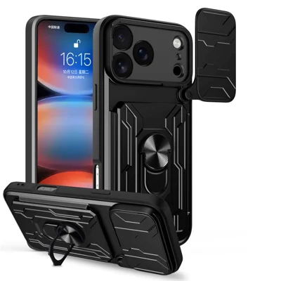 Til iPhone 18 Pro Max Case PC + TPU med fold ud klapholder og kamera skydebeskyttelse - Sort