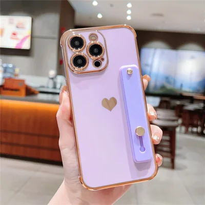 For iPhone 15 Pro Max Case with Strip Kickstand Electroplating Edge Love Heart Soft TPU Phone Cover - Purple