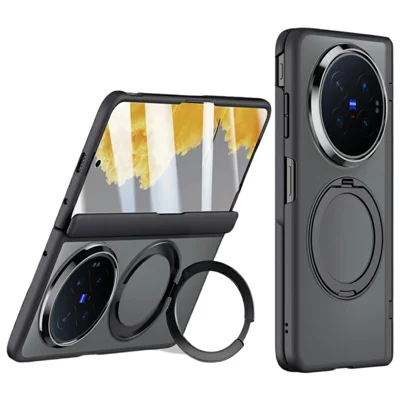 For vivo X Fold6 5G Case Magnetic Kickstand PC + TPU Matte Phone Cover with Tempered Glass Screen Protector - Black