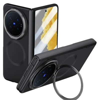 For vivo X Fold6 5G Magnetic Case Hard PC Phone Cover with HD Tempered Glass Film, Lens Kickstand - Black