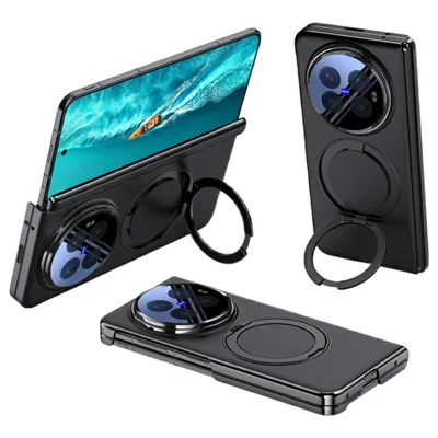 For vivo X Fold6 5G Magnetic Case with Tempered Glass Lens Protector 360° Rotating Ring Kickstand Protective Cover - Black