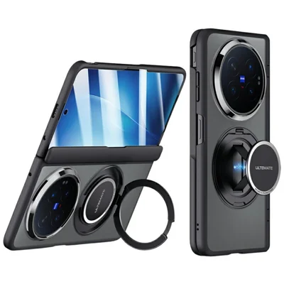 For vivo X Fold6 5G Magnetic Case Hand Strap Kickstand 2-in-1 Phone Cover with Tempered Glass Film - Black