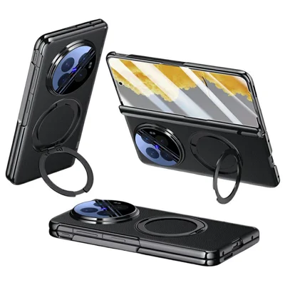 For vivo X Fold6 5G Magnetic Case with Tempered Glass Film Rotatable Metal Ring Kickstand PU Leather + PC + Acrylic Cover - Black
