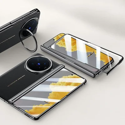 For vivo X Fold6 5G Case with Tempered Glass Screen Protector Lens Kickstand Electroplated Phone Cover - Black
