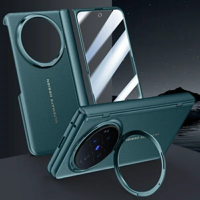 For vivo X Fold6 5G Case Leather + PC Phone Cover with HD Tempered Glass Film, Lens Kickstand - Green