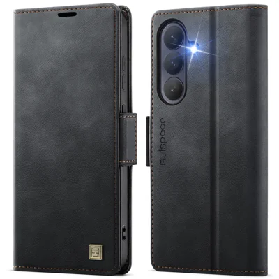  AUTSPACE for Samsung Galaxy S26 A11 Case RFID Blocking Retro Leather Cell Phone Wallet Cover - Black