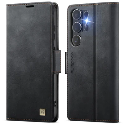  AUTSPACE for Samsung Galaxy S26 Ultra A11 Case RFID Blocking Retro Leather Cell Phone Wallet Cover - Black