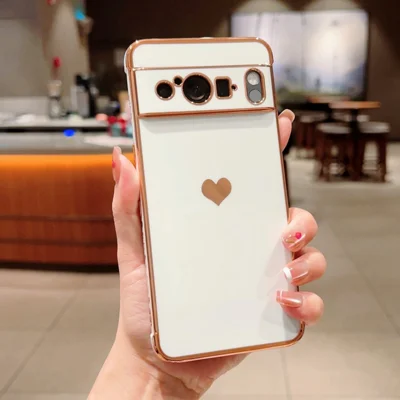 For Google Pixel 8 Pro Case TPU Phone Back Cover Electroplating Heart Pattern - Ivory White