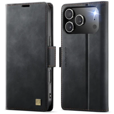  AUTSPACE for iPhone 17 Pro Max A11 Case RFID Blocking Retro Leather Cell Phone Wallet Cover - Black