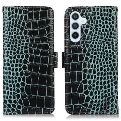 For Samsung Galaxy A34 5G RFID Blocking Book Style Phone Case Crocodile Texture Genuine Cowhide Leather Wallet Stand Anti-scratch Phone Cover - Green
